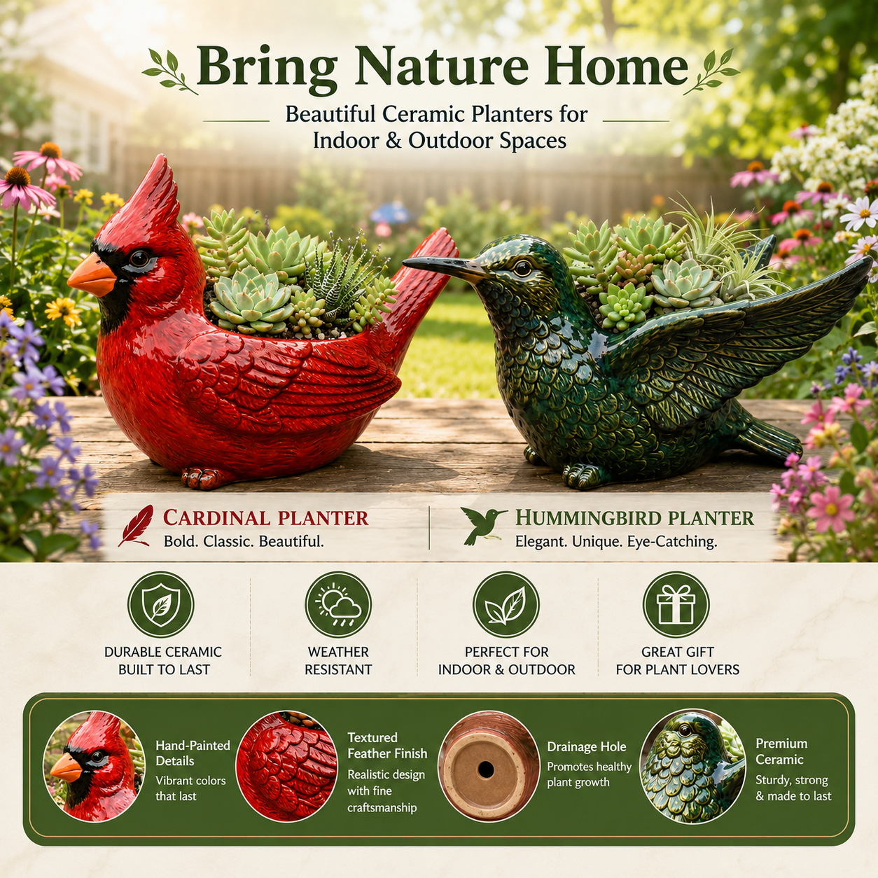 🌿 🐦 Garden Bird Planter Set – Cardinal & Hummingbird