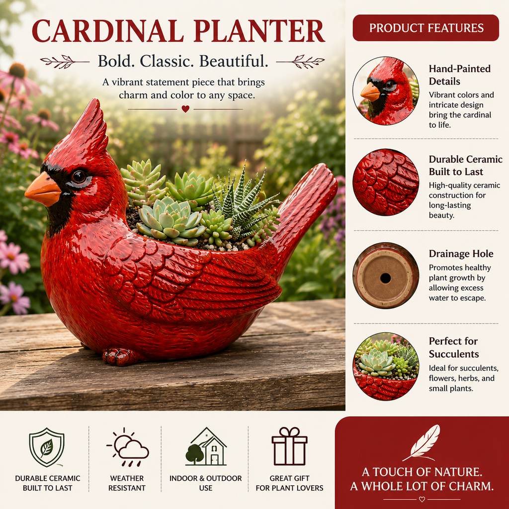🌿 🐦 Garden Bird Planter Set – Cardinal & Hummingbird