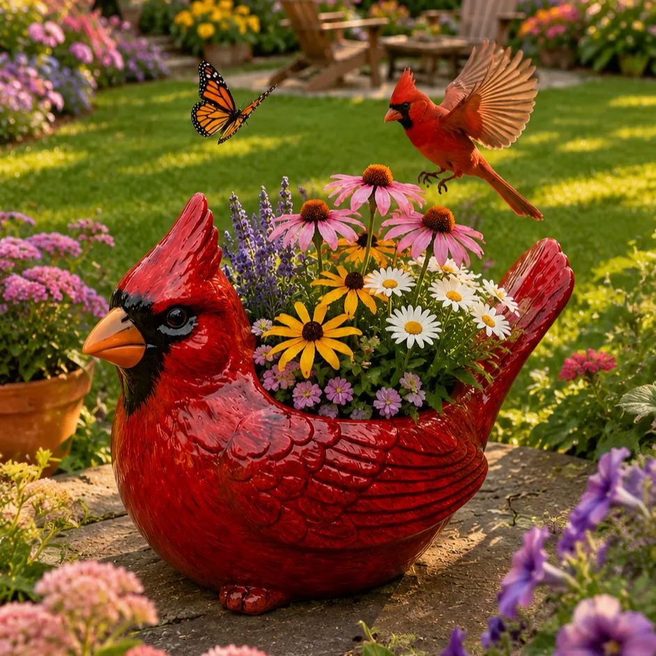 🌿 🐦 Garden Bird Planter Set – Cardinal & Hummingbird